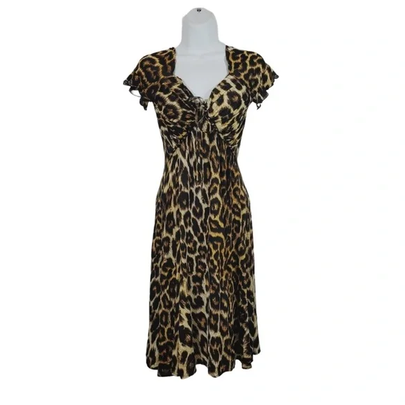 Just Cavalli Brown and Tan A-line Midi Dress with Flutter Sleeves - Picture 3 of 8